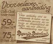 717049 Advertentie van Magazijn Nederland-Kattenburg & Co., kledingwinkel, Lange Viestraat 3 te Utrecht, met ...